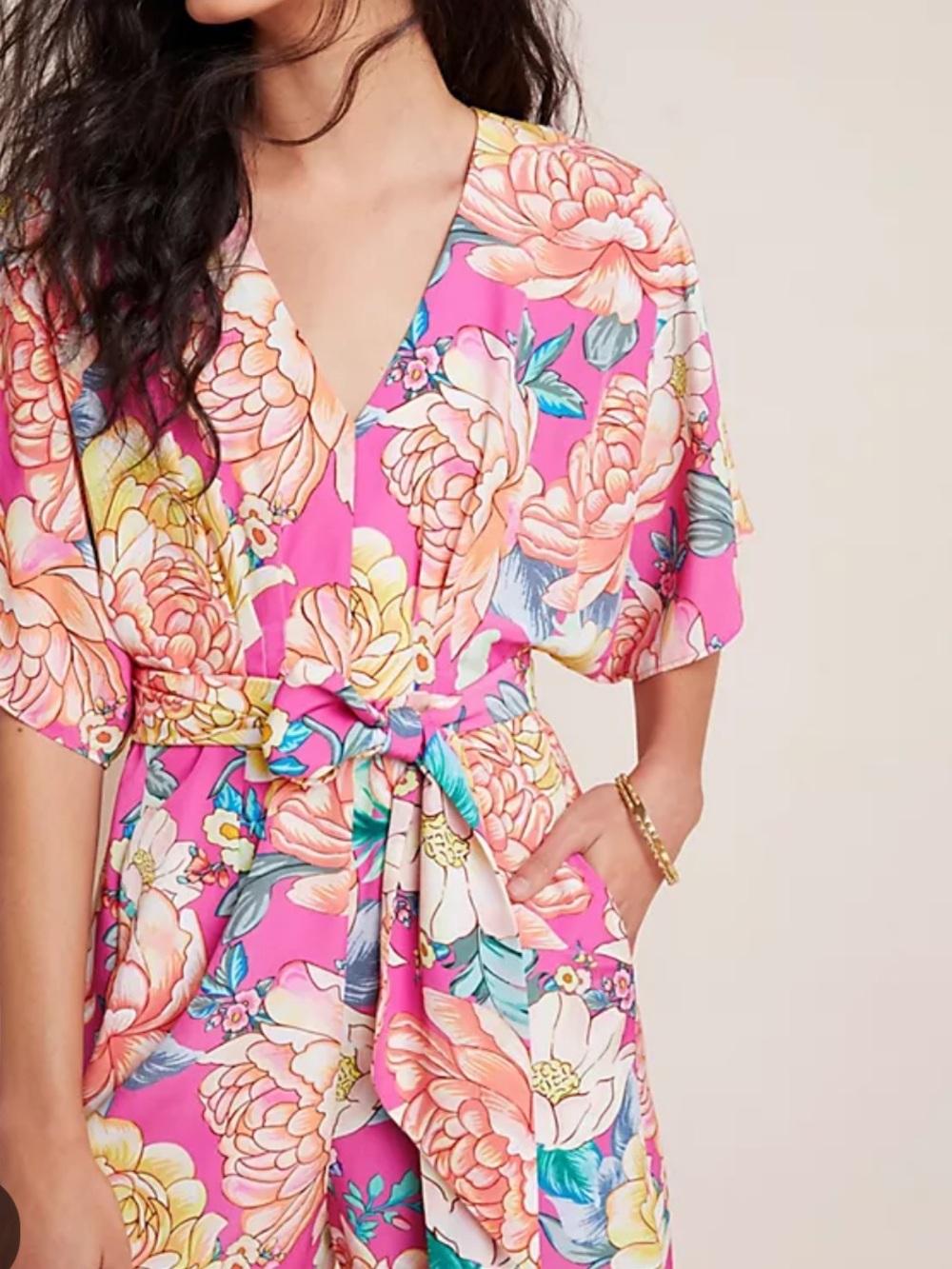 Farm Rio Eulalie Pink Floral Wide-Leg Jumpsuit with Tie Waist - Picture 2 of 5